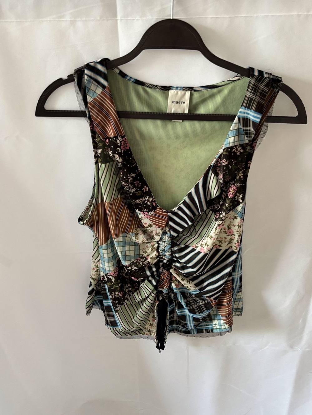 Maeve Patchwork-Print Tie-Front Tank Top in Green, Black, Brown